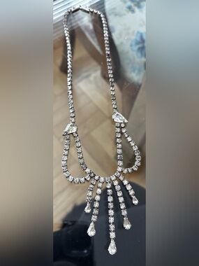Crystal Teardrop Fringe Necklace - Silver Tone